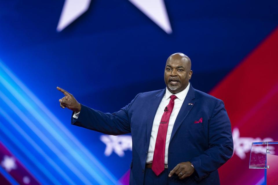 PHOTO: In this March 4, 2023, file photo, Mark Robinson, lieutenant governor of North Carolina, speaks during the Conservative Political Action Conference (CPAC) in National Harbor, Maryland. (Bloomberg via Getty Images, FILE)