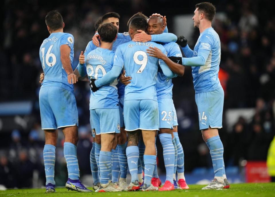 Manchester City players celebrate during their win against West Ham (Getty)