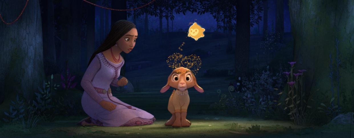 Asha (voiced by Ariana DeBose) and her pet goat Valentino (Alan Tudyk) experience the magic of an energetic star in the Disney animated musical “Wish."