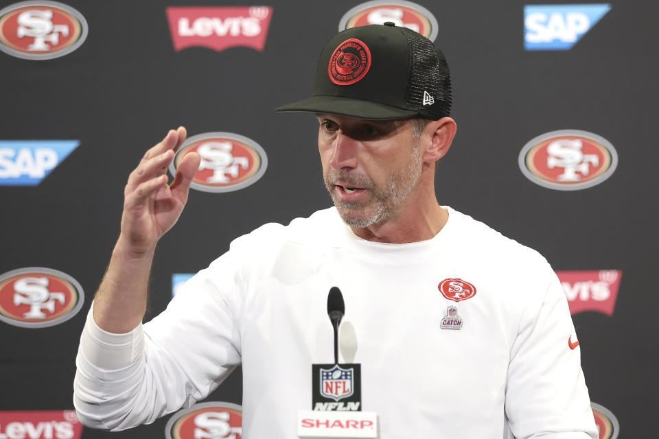 San Francisco 49ers head coach Kyle Shanahan speaks to reporters after an NFL football game against the Cincinnati Bengals in Santa Clara, Calif., Sunday, Oct. 29, 2023. (AP Photo/Jed Jacobsohn)