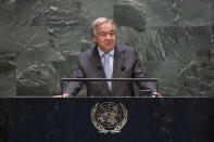 In this photo provided by the United Nations, Secretary-General António Guterres speaks during the 75th session of the United Nations General Assembly, Tuesday, Sept. 22, 2020, at U.N. Headquarters in New York. The U.N.'s first virtual meeting of world leaders started Tuesday with pre-recorded speeches from some of the planet's biggest powers, kept at home by the coronavirus pandemic that will likely be a dominant theme at their video gathering this year. (Eskinder Debebe/UN via AP)