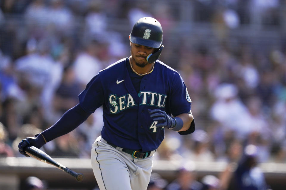 Seattle Mariners' Julio Rodriguez reacts after hitting a two-run home run during the fourth inning of a baseball game against the San Diego Padres, Monday, July 4, 2022, in San Diego. (AP Photo/Gregory Bull)