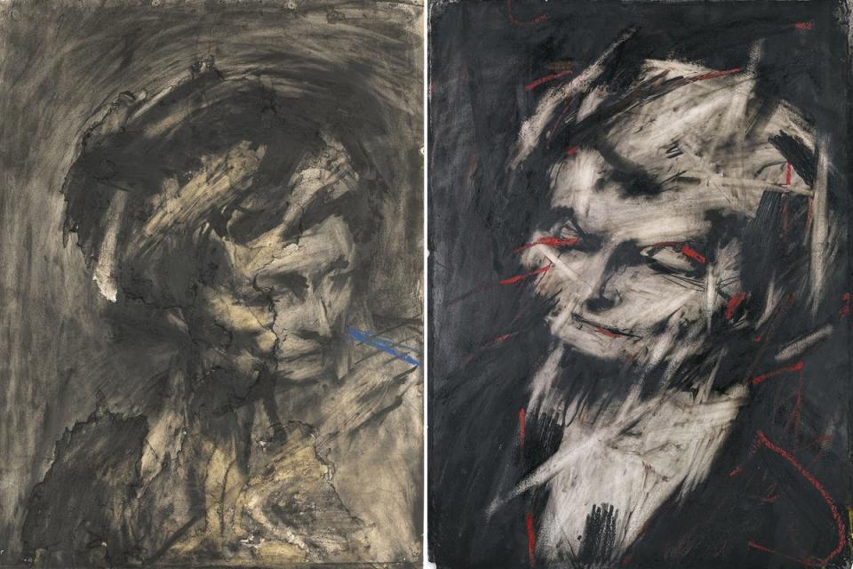 Head of Gerda Boehm, 1961 and Head of Helen Gillespie II, 1962, charcoal and chalk on paper (Private Collection © the artist, courtesy of Frankie Rossi Art Projects, London)