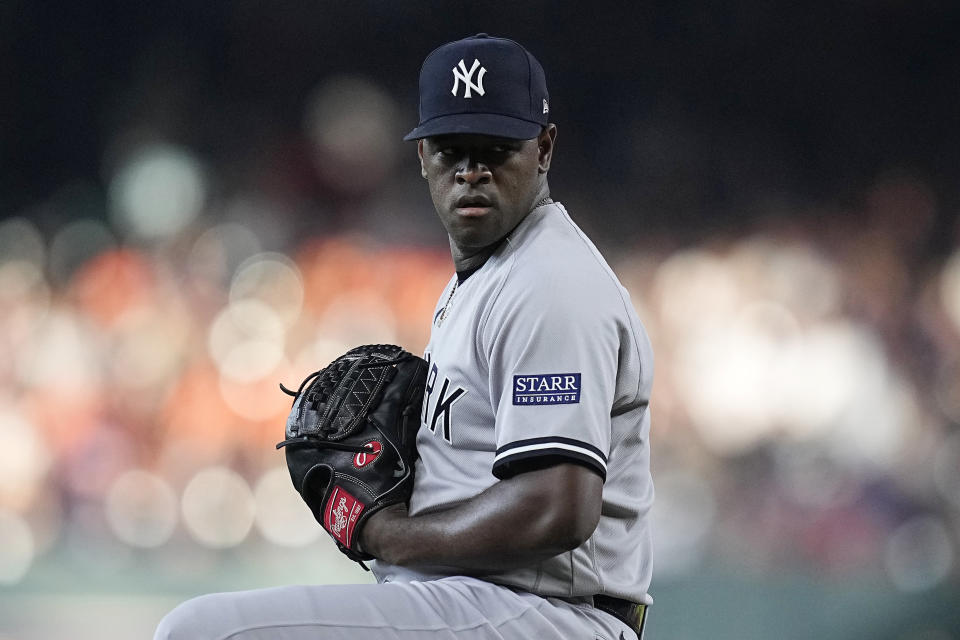 New York Yankees starting pitcher Luis Severino winds up during the first inning of the team's baseball game against the Houston Astros, Saturday, Sept. 2, 2023, in Houston. (AP Photo/Kevin M. Cox)
