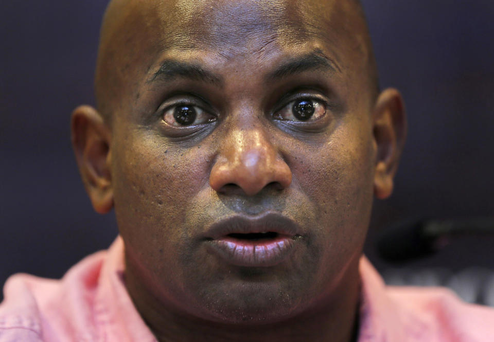 FILE - In this file photo dated Wednesday, Jan. 30, 2013, Sri Lanka's newly appointed chief cricket selector Sanath Jayasuriya speaks during a media briefing in Colombo, Sri Lanka. The International Cricket Council said Monday Oct. 15, 2018, Jayasuriya is charged with offences relating to the “failure or refusal” to cooperate with an investigation carried out by its anti-corruption unit and also for “obstructing or delaying” an investigation. (AP Photo/Eranga Jayawardena, FILE)