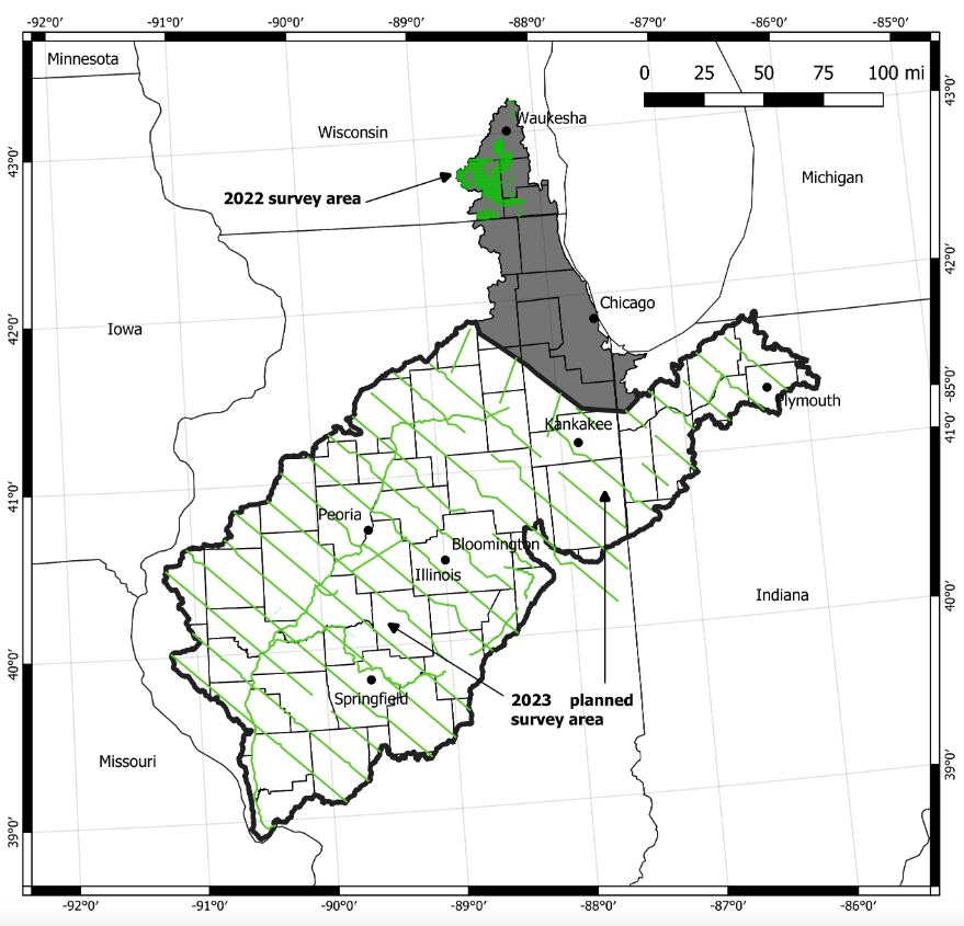 This map shows the airborne geophysical survey area and planned flight paths across the Illinois River Basin in Illinois and northwest Indiana.