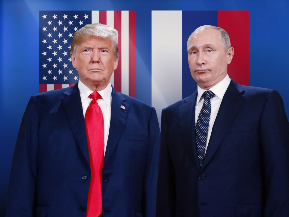 Trump and Putin in front of U.S. and Russian flags. (Photo illustration: AP)