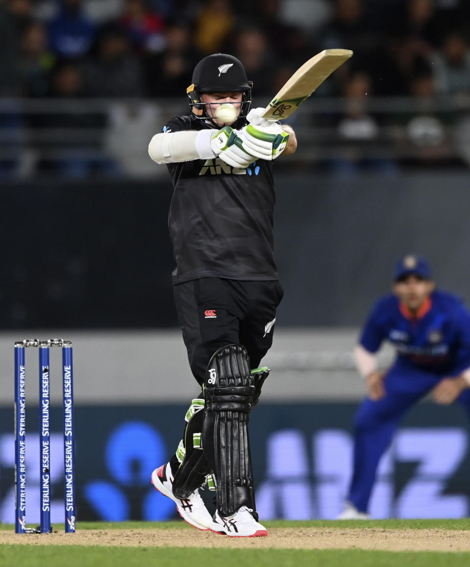 New Zealand's Tom Latham bats against India during their one day international cricket match in Auckland, New Zealand, Friday, Nov. 25, 2022. (Andrew Cornaga/Photosport via AP)