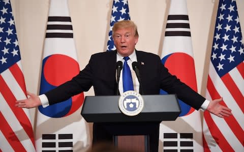 The "Max Thunder" joint US-South Korea military drill will kick off on May 11, ahead of Mr Trump's meeting with Kim Jong-un - Credit: JIM WATSON/ AFP