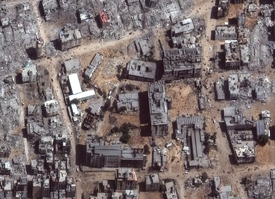 This satellite image provided by Maxar Technologies shows an overview of Al Shifa hospital and surroundings in Gaza City, on Monday, April 1, 2024. (Maxar Technologies via AP)
