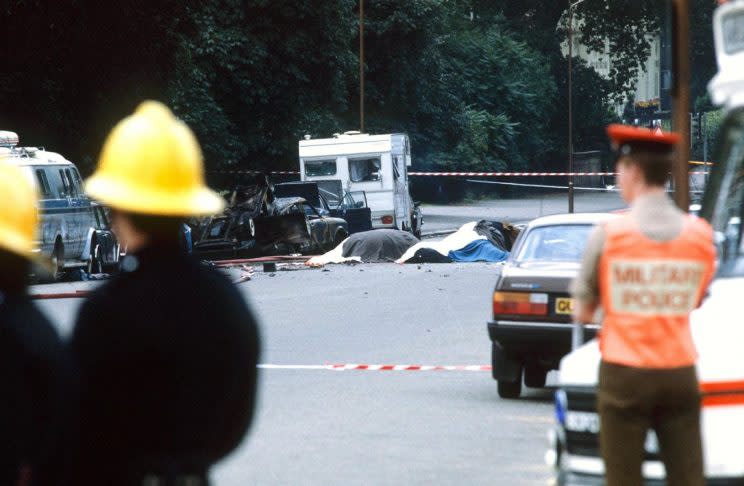 The devastating consequences of the IRA bomb. Pictured are the bodies of some of the horses killed (REX/Shutterstock) 