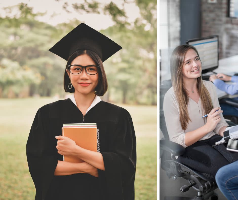 Is education or experience more valuable to employers? Young female student graduates university, and a woman undergoes work experience in an office. Source: Getty Source: Getty