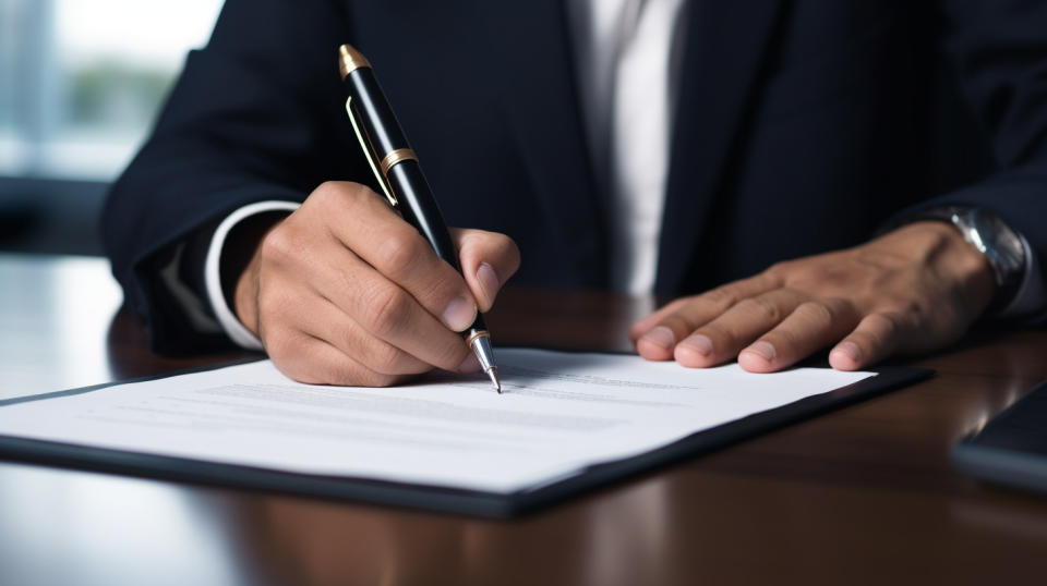 Close-up of a hand signing a contract, representing a company's employment solution.