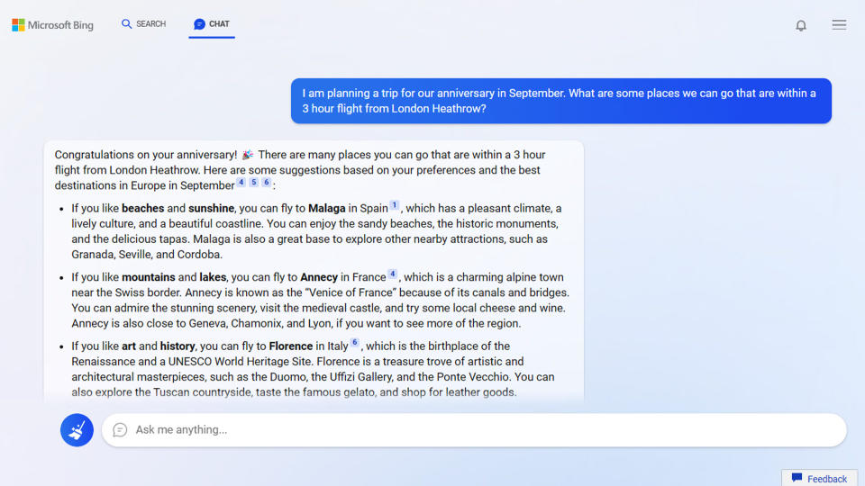 Bing AI answers "I am planning a trip for our anniversary in September. What are some places we can go that are within a 3 hour flight from London Heathrow?"