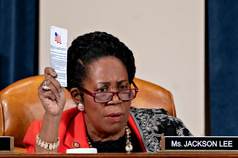 Rep. Sheila Jackson Lee, D-Texas, said she and other Democrats are “pushing legislation” that would “place scrutiny” on Republicans for potentially violating Section 2 of the Voting Rights Act in their efforts to “interfere” with Fani Willis’ case against former President Donald Trump. (Photo by Andrew Harrer/Getty Images, pool)