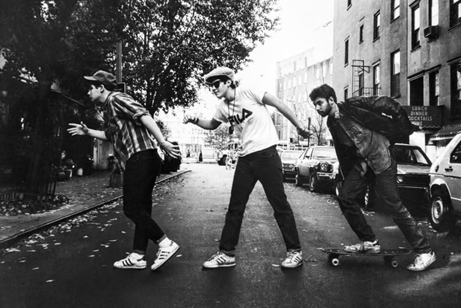 From left: Ad-Rock, Mike D and MCA in an image known as the "Charles Street Shuffle," during Powell's first official shoot with the Beastie Boys for the <i>East Village Eye</i> in 1986.<span class="copyright">Ricky Powell</span>