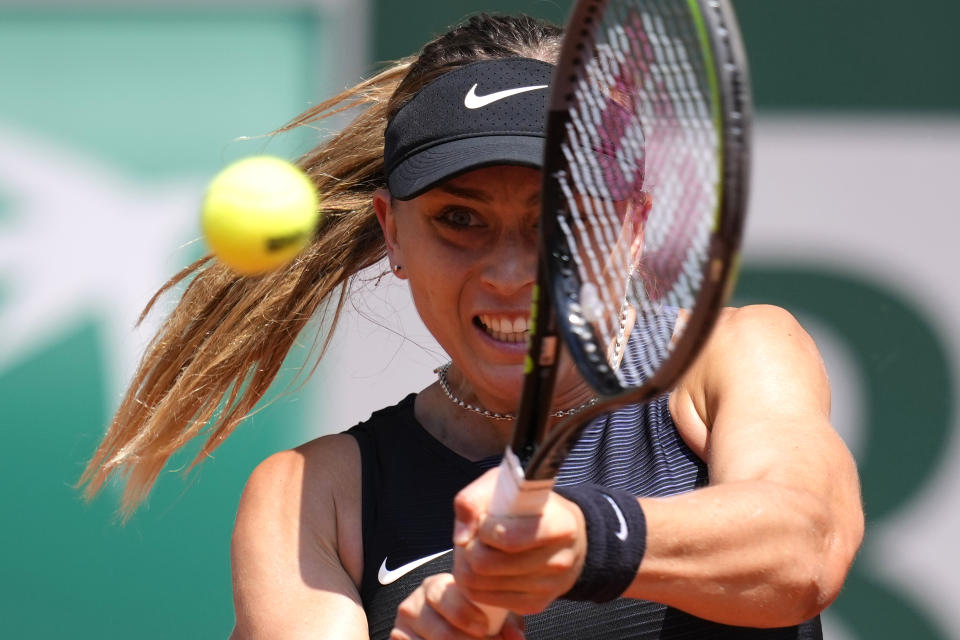 Spain's Paula Badosa returns the ball to Slovenia's Tamara Zidansek during their quarterfinal match of the French Open tennis tournament at the Roland Garros stadium Tuesday, June 8, 2021 in Paris. (AP Photo/Christophe Ena)