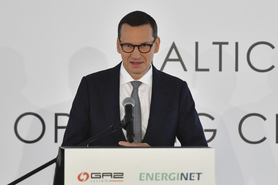 Polish Prime Minister Mateusz Morawiecki speaks during an opening ceremony of the Baltic Pipe in Budno, Poland, Tuesday, Sept. 27, 2022. The event marks the end of the process of the Baltic Pipe construction, a key route to carry gas from Norway through Denmark to Poland and neighboring countries. (AP Photo)