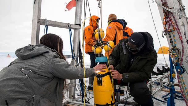 PHOTO: Scientists work in the field at the Thwaites Glacier in Antarctica. (Becka Bower/Cornell University)