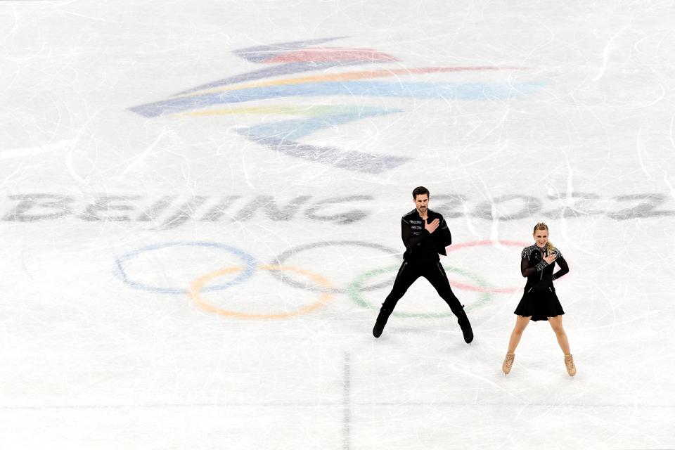 Madison Hubbell and Zachary Donohue of Team United States skate in the Rhythm Dance Team Event during the Beijing 2022 Winter Olympic Games (Getty Images)