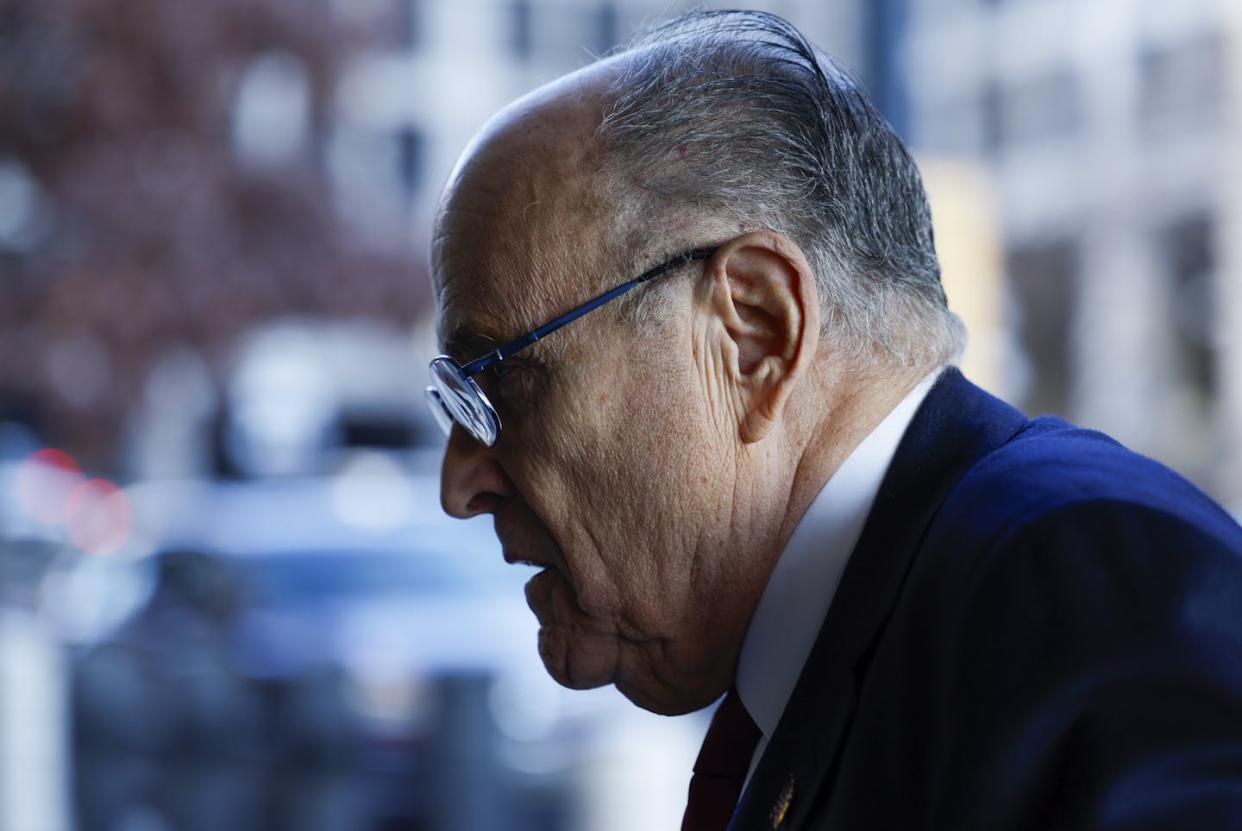 A New York disciplinary authority found that Trump campaign attorney Rudy Giuliani 'communicated demonstrably false and misleading statements' and ordered him suspended from practicing law. <a href="https://www.gettyimages.com/detail/news-photo/rudy-giuliani-the-former-personal-lawyer-for-former-u-s-news-photo/1857343399?searchscope=image%2Cfilm&adppopup=true" rel="nofollow noopener" target="_blank" data-ylk="slk:Anna Moneymaker/Getty Images;elm:context_link;itc:0;sec:content-canvas" class="link ">Anna Moneymaker/Getty Images</a>