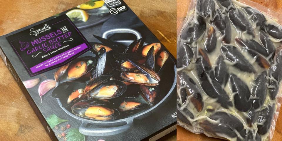 aldi mussels in box next to mussels in air tight package