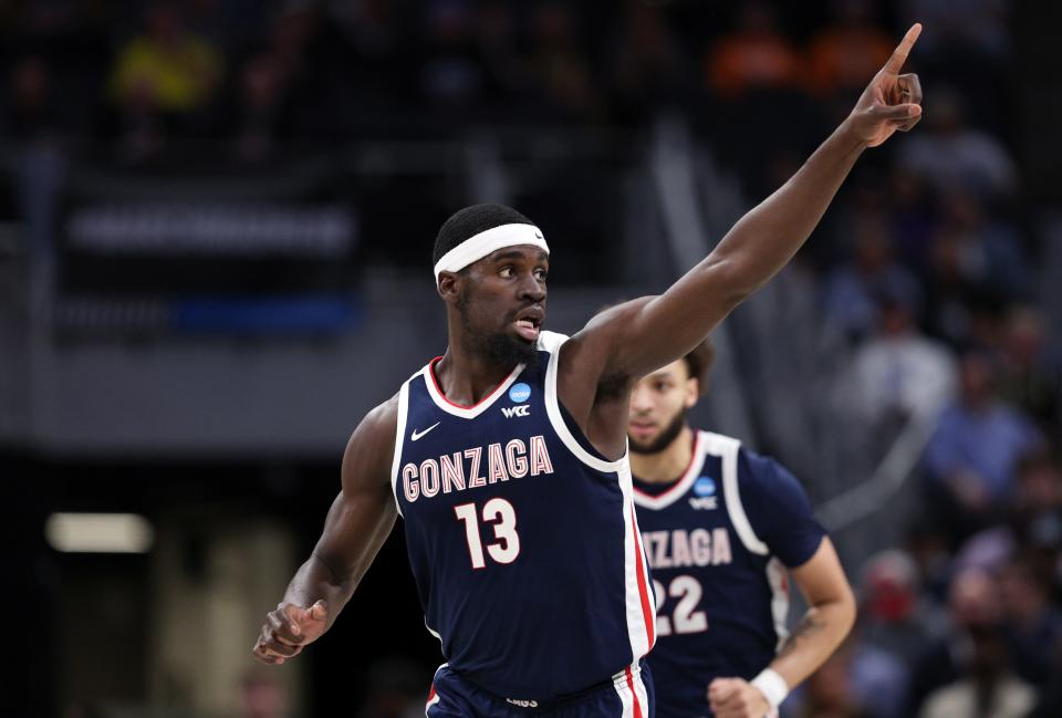 Graham Ike #13 of the Gonzaga Bulldogs gestures during the first half against the Purdue Boilermakers in the Sweet 16 round of the NCAA Men's Basketball Tournament on March 29, 2024 in Detroit, Michigan.