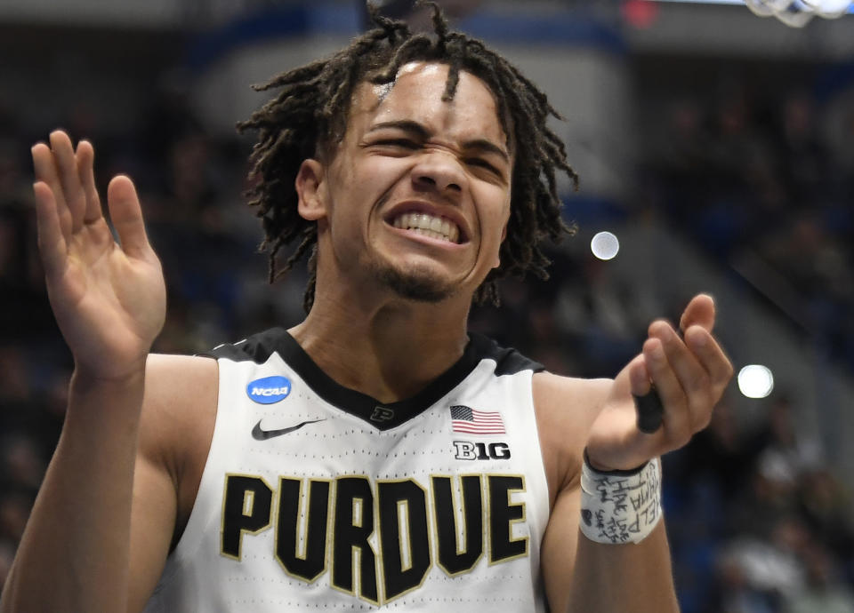 Purdue's Carsen Edwards reacts during the second half of a first round men's college basketball game against Old Dominion in the NCAA tournament, Thursday, March 21, 2019, in Hartford, Conn. (AP Photo/Jessica Hill)