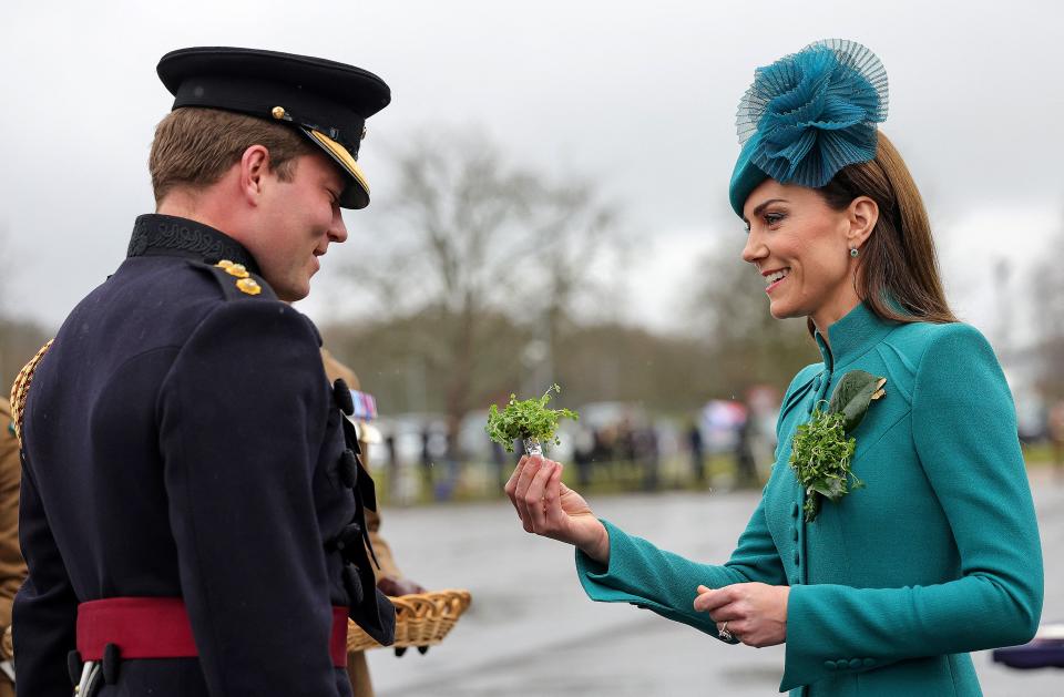 The Princess of Wales presented a traditional sprig of shamrock to Officers and Guardsmen of the 1st Battalion Irish Guards during the St Patrick's Day Parade. (Getty Images)
