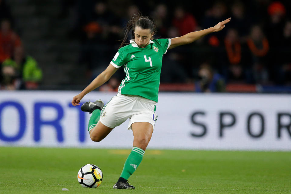 EINDHOVEN, NETHERLANDS - APRIL 6: Laura Rafferty of Northern Ireland Women  during the  World Cup Qualifier Women match between Holland  v Northern Ireland  at the Philips Stadium on April 6, 2018 in Eindhoven Netherlands (Photo by Jeroen Meuwsen/Soccrates/Getty Images)