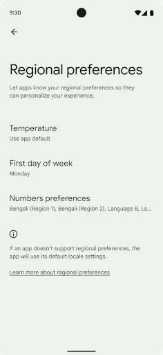 O Android 14 DP2 permite definir preferências regionais para unidades de medida, formato de data e números (Imagem: Reprodução/Google)