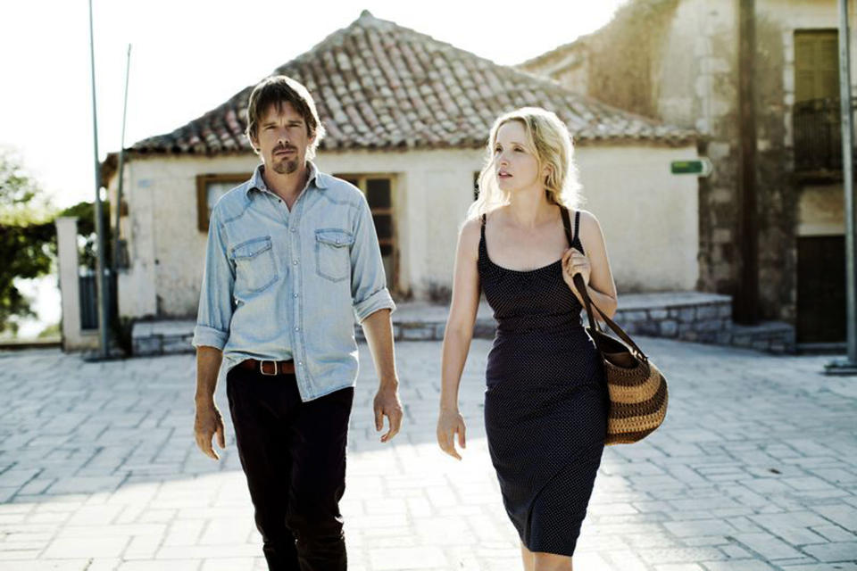 This undated publicity photo released by Sony Pictures Classics shows, Ethan Hawke, left, and Julie Delpy, in a scene from the film, "Before Midnight," directed by Richard Linklater. (AP Photo/Sony Pictures Classics, Despina Spyrou)