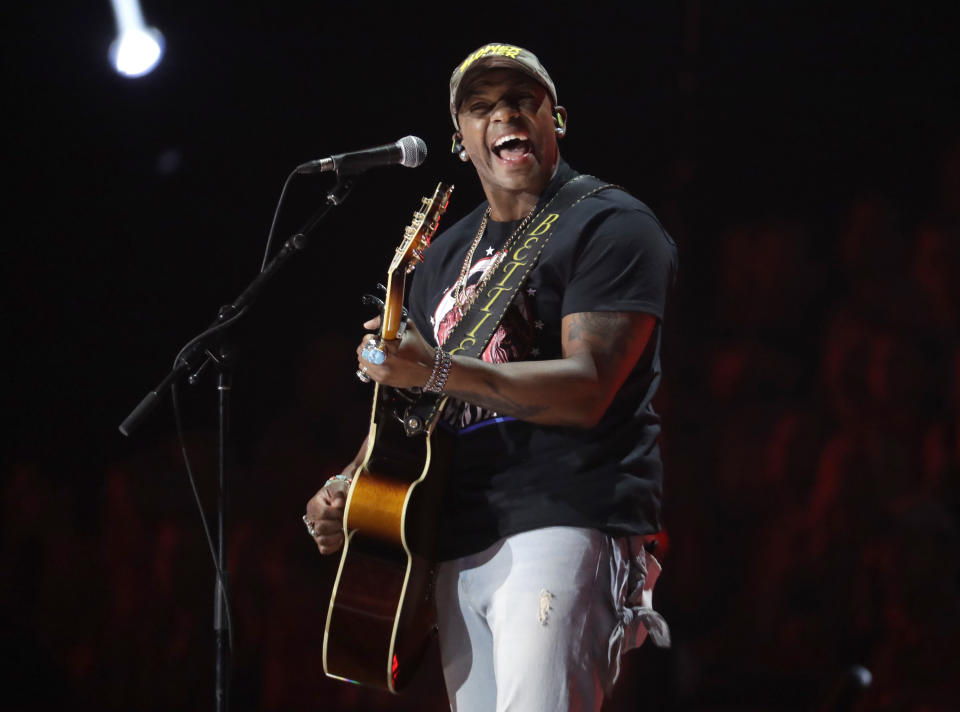 FILE - In this June 5, 2019 file photo, country singer Jimmie Allen performs "Best Shot" at the CMT Music Awards in Nashville, Tenn. (AP Photo/Mark Humphrey, File)