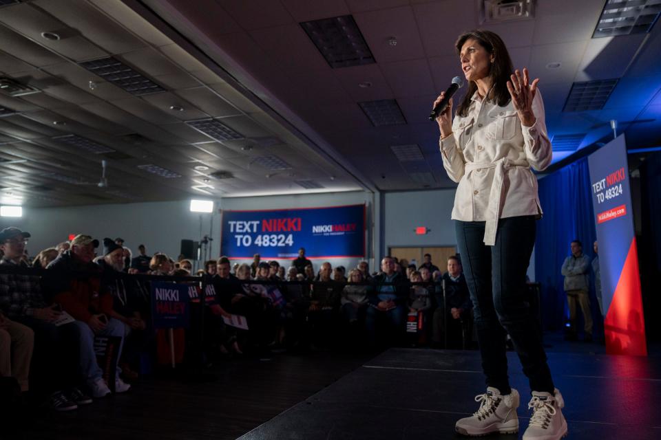 GOP presidential candidate Nikki Haley holds a rally at the Rochester American Legion in Rochester, N.H. on Jan. 17, 2024.
