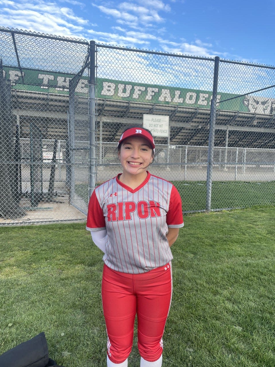 Kharime “Mims” Caratachea of Ripon softball poses for a photo after Monday's game against Manteca at Manteca High School