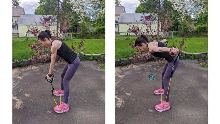 Woman demonstrates rear delt flies for a resistance band arm workout