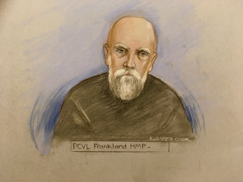 Court artist sketch of Wayne Couzens appearing via video link at a court hearing (Elizabeth Cook/PA) (PA Wire)