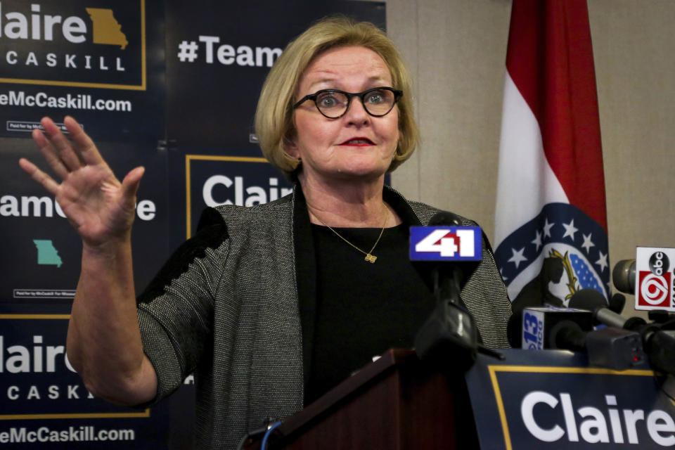 U.S. Sen. Claire McCaskill speaks to a group of supporters at her Columbia Democratic Party headquarters in Columbia, Mo., on Tuesday, Aug. 7, 2018. (Hunter Dyke/Columbia Daily Tribune via AP)