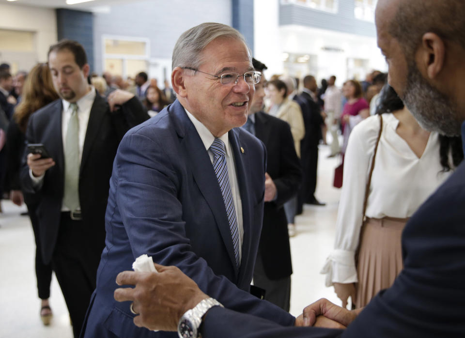 New Jersey Sen. Bob Menendez greets people at a ribbon cutting ceremony at Essex County Donald M. Payne, Sr. School of Technology in Newark, N.J., Monday, June 4, 2018. With the opportunity for at least two pickups, Democrats' road to controlling any part of Congress could cut through New Jersey this fall — but first primary voters will have their say. Incumbents face challenges in the Senate contest, where Democrat Menendez will face a well-funded former pharmaceutical executive, if both survive the primary. (AP Photo/Seth Wenig)