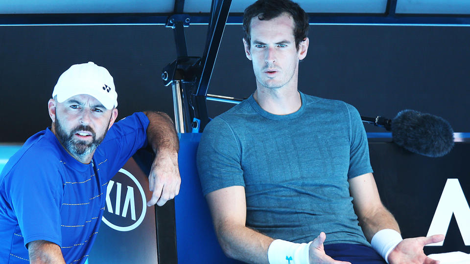 Andy Murray after pulling out of his practice match against Novak Djokovic. (Photo by Michael Dodge/Getty Images)