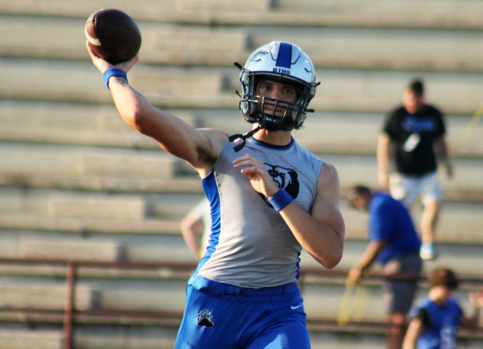 Bartram Trail quarterback Riley Trujillo throws a pass in warm-ups before a September game at St. Augustine.