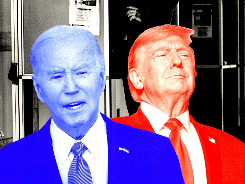 A graphic of Joe Biden in blue and Donald Trump in red.