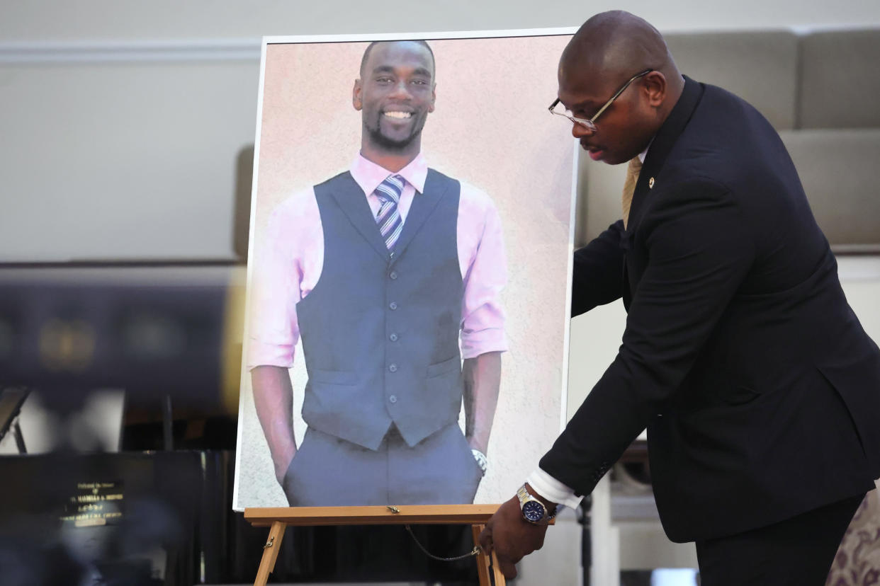 A photo of Tyre Nichols is positioned prior to a press conference on Jan. 27, 2023, in Memphis, Tenn. 