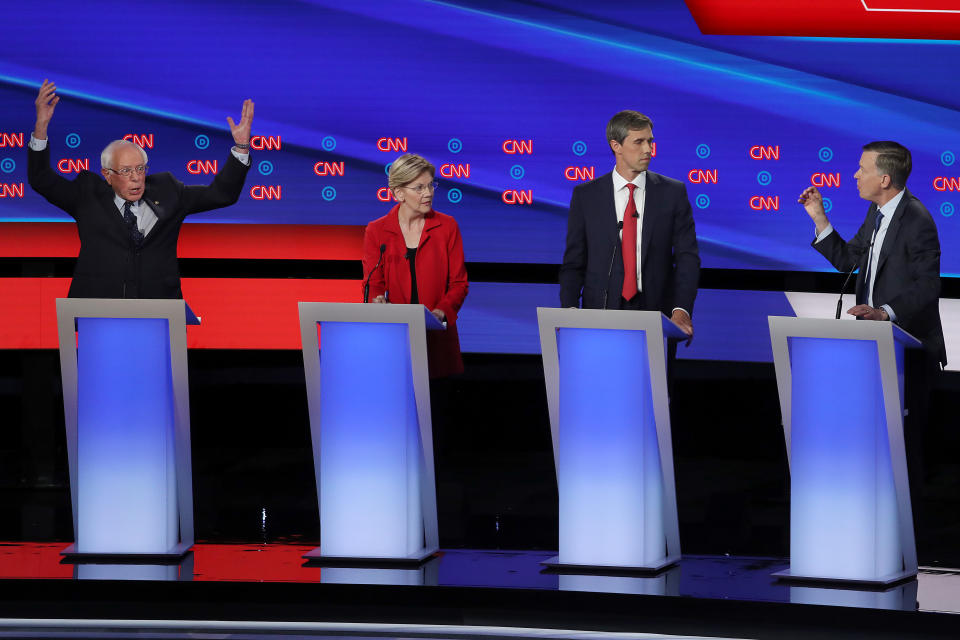 From left, Bernie Sanders, Elizabeth Warren, Beto O'Rourke, John Hickenlooper