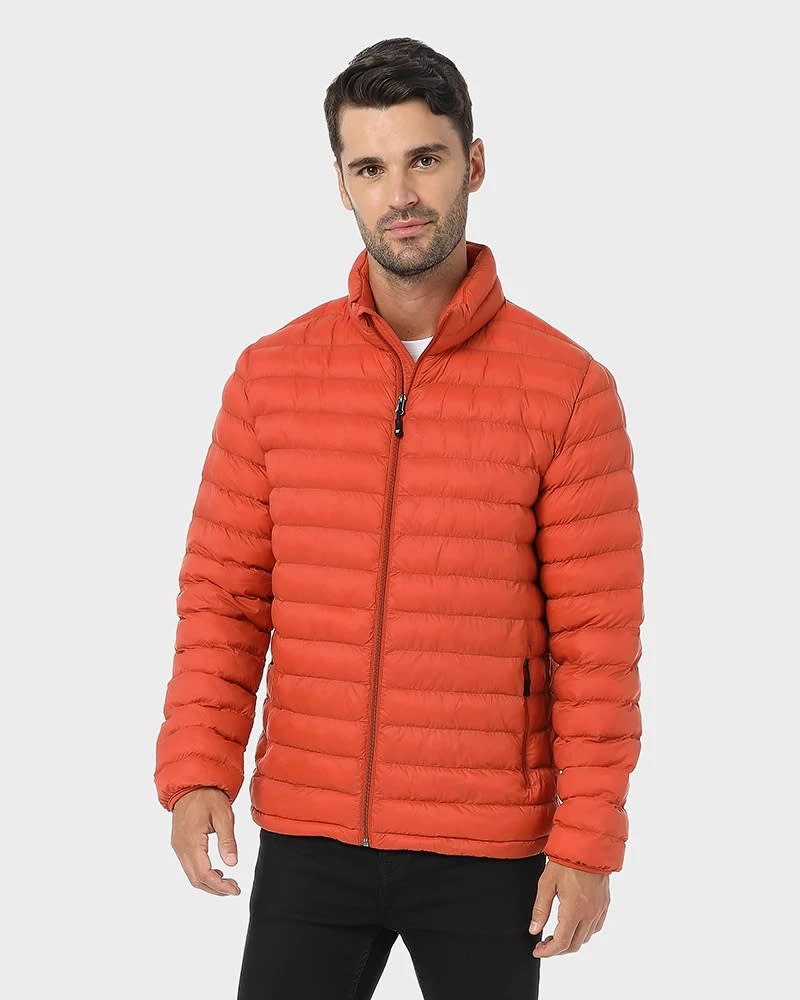 Man wearing orange down puffer jacket