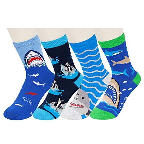 SOCKFUN Boys Shark Funny Crew Socks 4 Pack (Amazon / Amazon)