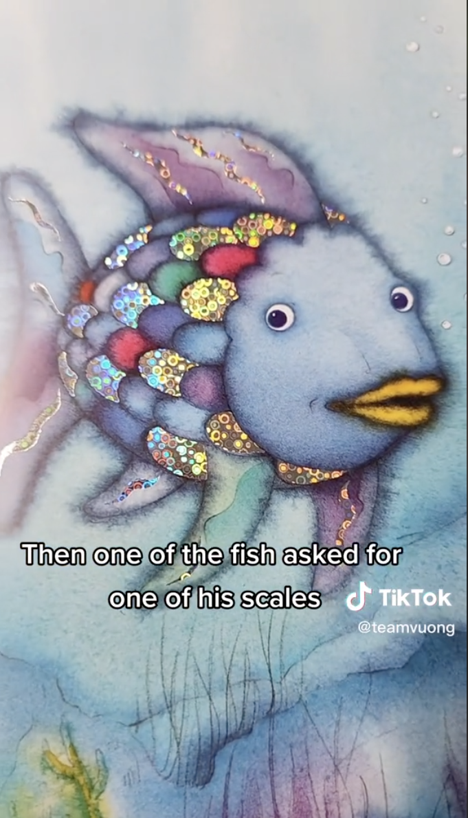 Screenshot of TikTok from user @teamvuong of a page in the book Rainbow Fish