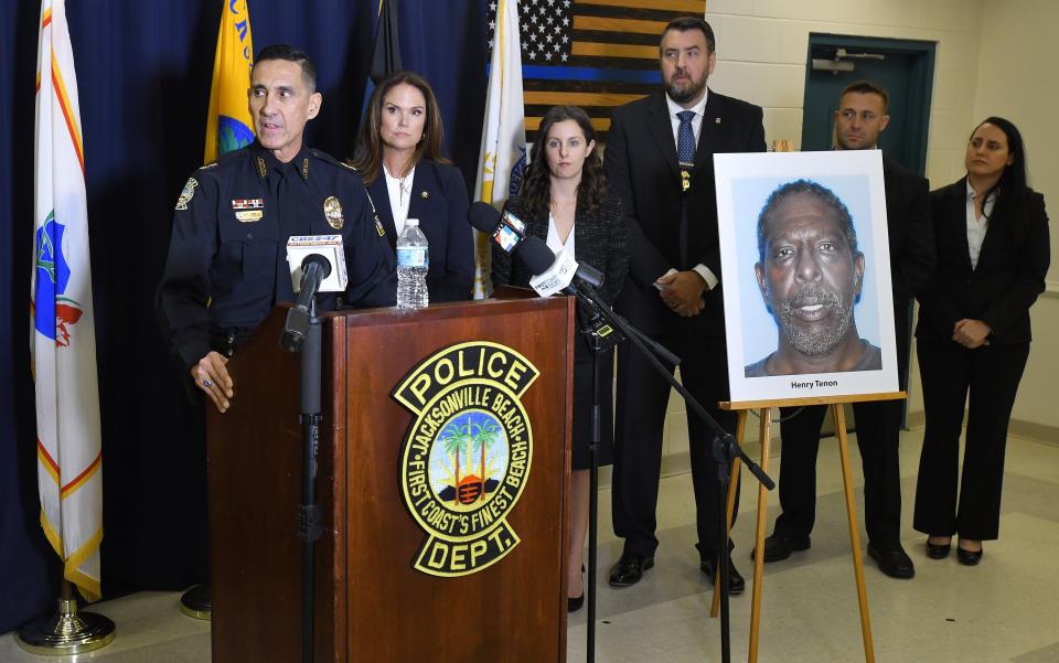 Jacksonville Beach Police Chief Gene Paul Smith, left, alongside State Attorney Melissa Nelson announce the arrest of Henry Tenon on Wednesday in the death of Jared Bridegan. The 33-year-old from St. Augustine was shot Feb. 16, 2022, when he stopped his car for a tire in the road after dropping off his twin children at his ex-wife's Jacksonville Beach home.