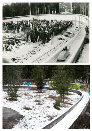 A combination picture shows the bobsleigh track on Mount Trebevic during the winter Olympics in 1984 (top) and in Sarajevo January 16, 2018. REUTERS/Oslobodjenje (top), Dado Ruvic