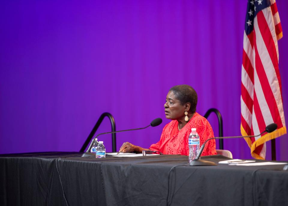 Tallahassee City Commission Seat 2 candidate Dorothy "Dot" Inman-Johnson answers questions in a forum hosted by WFSU, the Tallahassee Democrat and the League of Women Voters on Thursday, June 27.